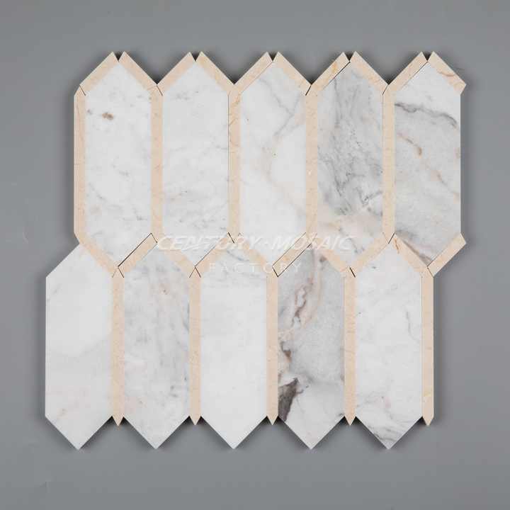 Gạch ốp tường nhà bếp Mosaic đá cẩm thạch CenturyMosaic hình lục giác dài màu trắng be