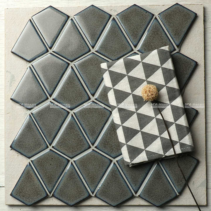 Gạch ốp lát Mosaic men cao cấp hình thoi màu xám cao cấp cho nhà bếp và phòng tắm, xuất xứ từ nhà máy Foshan