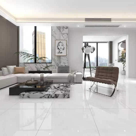 Gạch lát nền sứ mài bóng men tự nhiên thiết kế hiện đại 800x800 phòng ăn kiểu Carrara