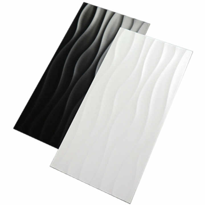 Gạch ốp tường nhà tắm gốm sứ 3D sóng màu trắng đen trang trí 300x600