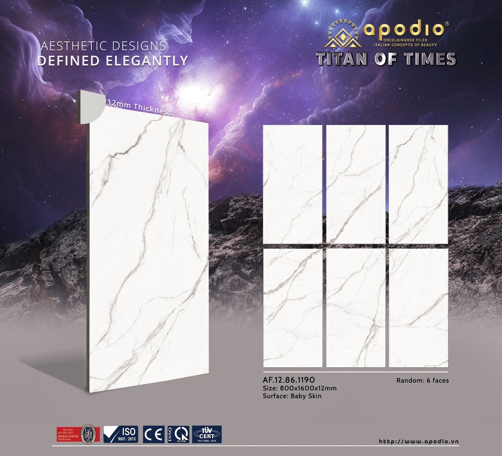 Gạch ốp lát Apodio 80x160 AF.12.86.1190 dày 12mm (Bianco Calacatta)
