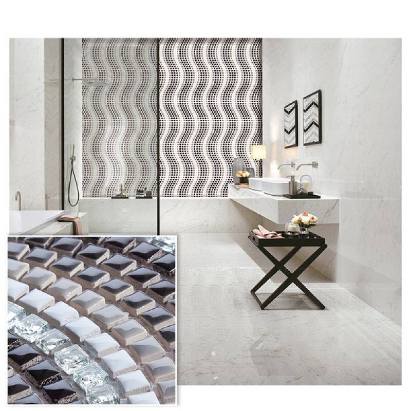 Gạch mosaic gốm mix thủy tinh trang trí phòng tắm 308x297mm 12S03 màu đen
