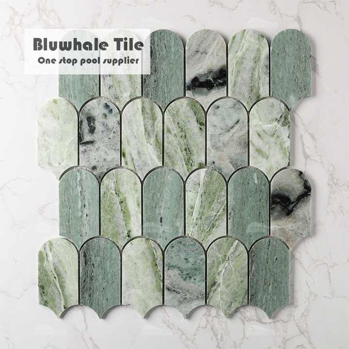 Gạch khảm đá hoa cương Ming Green hình lông vũ, mài bóng, nguồn gốc từ nhà máy Bluwhale Tile Phật Sơn