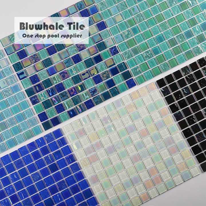 Gạch Mosaic Hồ Bơi Pha Lê Kính Óng Ánh Màu Xanh Dương Xanh Lá Cây Trắng