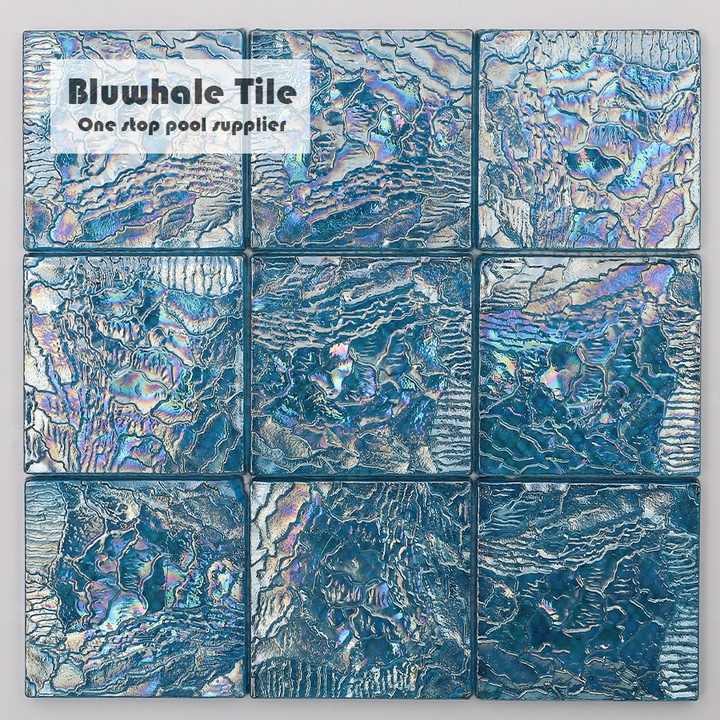 Gạch khảm thủy tinh hồ bơi mặt gợn sóng Bluwhale 97x97mm màu xanh óng ánh