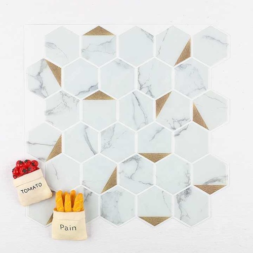 [102403299701] Gạch dán tường tự dính hình lục giác Carrara 1mm, chất liệu PVC