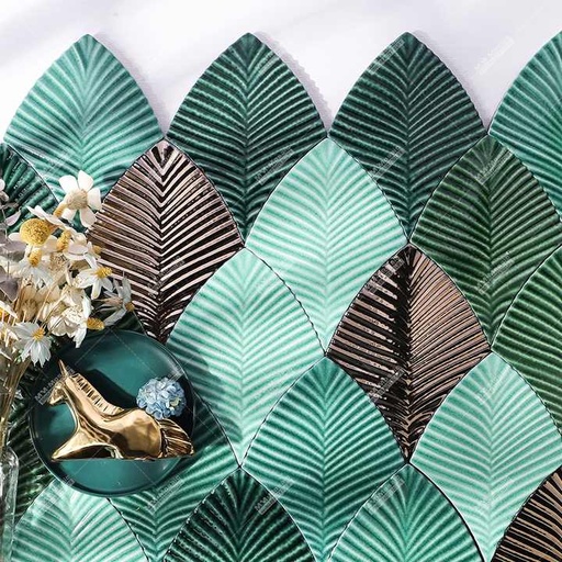 [101584877213] Gạch khảm gốm xanh lá cây hình lá lông vũ 3D thủ công, men nứt