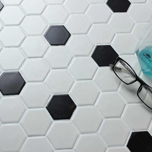 [10001291217991] Gạch lát Mosaic hình lục giác gốm sứ mờ đen trắng chống trơn cao cấp
