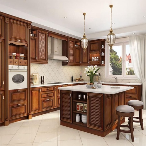 [102698647271] Tủ bếp gỗ tếch thiết kế Sharked, chất liệu gỗ sồi nguyên khối, kiểu Shaker, có phần gỗ cong