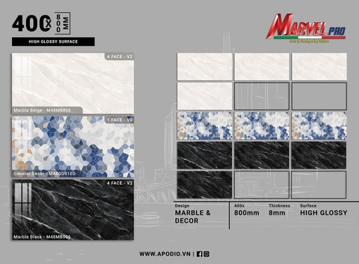 [M48MB806-M48MB906] Gạch ốp lát  Apodio M48MB806 - M48GD910D - M48MB906 (Bóng vi tinh)