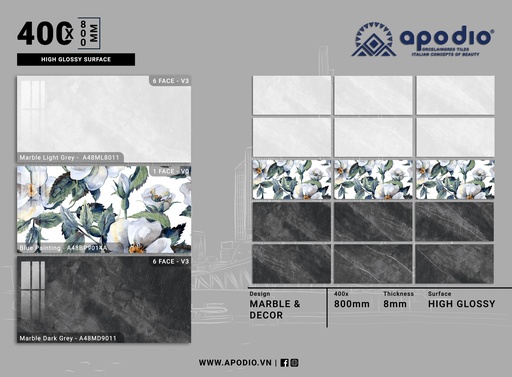 [A48ML8011-A48BP9014A-A48MD9011] Gạch ốp lát Apodio A48ML8011 - A48BP9014A - A48MD9011 (Bóng vi tinh)