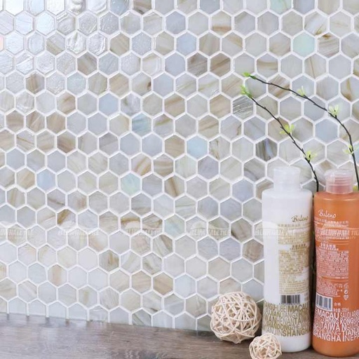 [106134005817] Gạch khảm kính lục giác màu be nóng chảy cổ điển 1 inch giá nhà máy Phật Sơn